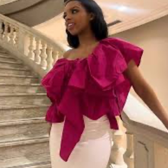 NWT Zara Fuschia Pink Voluminous Asymmetric One Shoulder Ruffled Crop Top - M - Picture 16 of 16